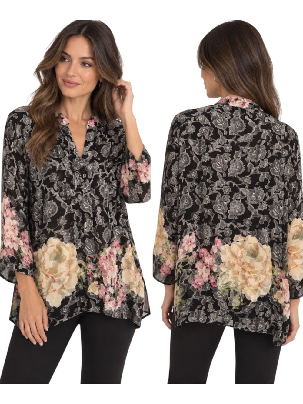 Citron Santa Monica Black Tunic Top with Pink & Cream Floral Border